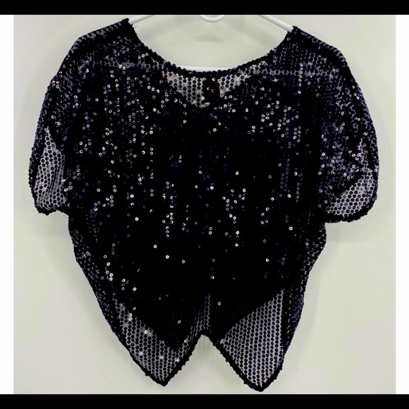 Vintage Free People Black Sequin Sheer Cap Sleeve Blouse - Picture 11 of 16
